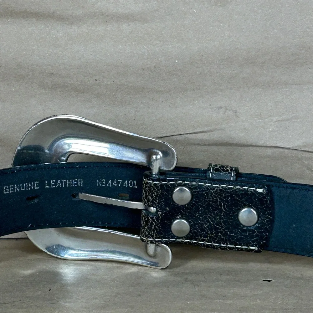 Nocona Belt Mens M Black Distressed Leather Embroidered Studded Engraved Buckle